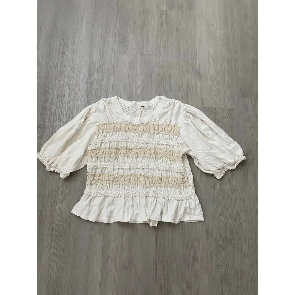Free People Maxey Lace Trim Cotton Smocked Peplum Top XL